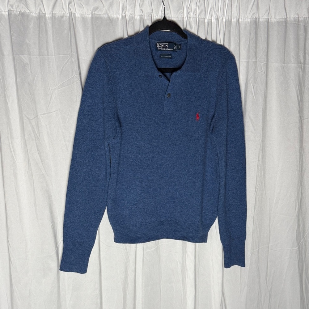 Men's Blue Polo by Ralph Lauren Sweater 100 lambs wool